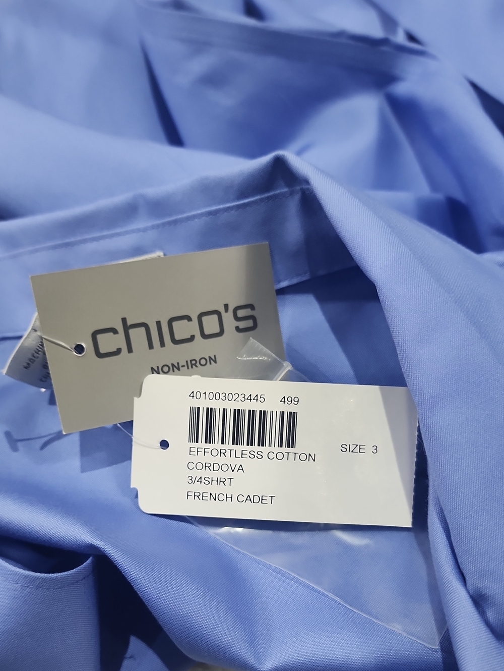 Chico's Non Iron Effortless Cotton Cordova 3/4 Sleeve Shirt New With Tags - Picture 9 of 9